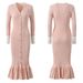 Women's Clothing Elegant V-Neck Long Sleeve Knitted Dress - Slimming Fishtail Hem In Pink, Burgundy, Black & Green_ecoleips.com