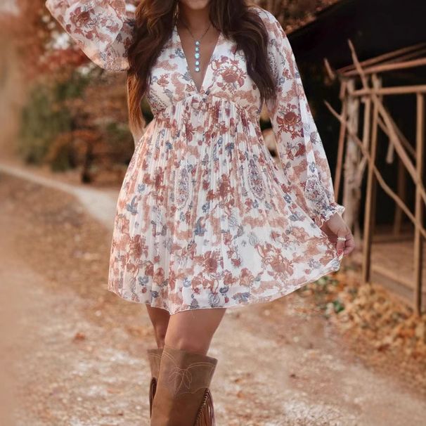 Cross-border 2024 European And American Women's Fashion Autumn V-neck Sexy Floral Print Dress_ecoleips.com