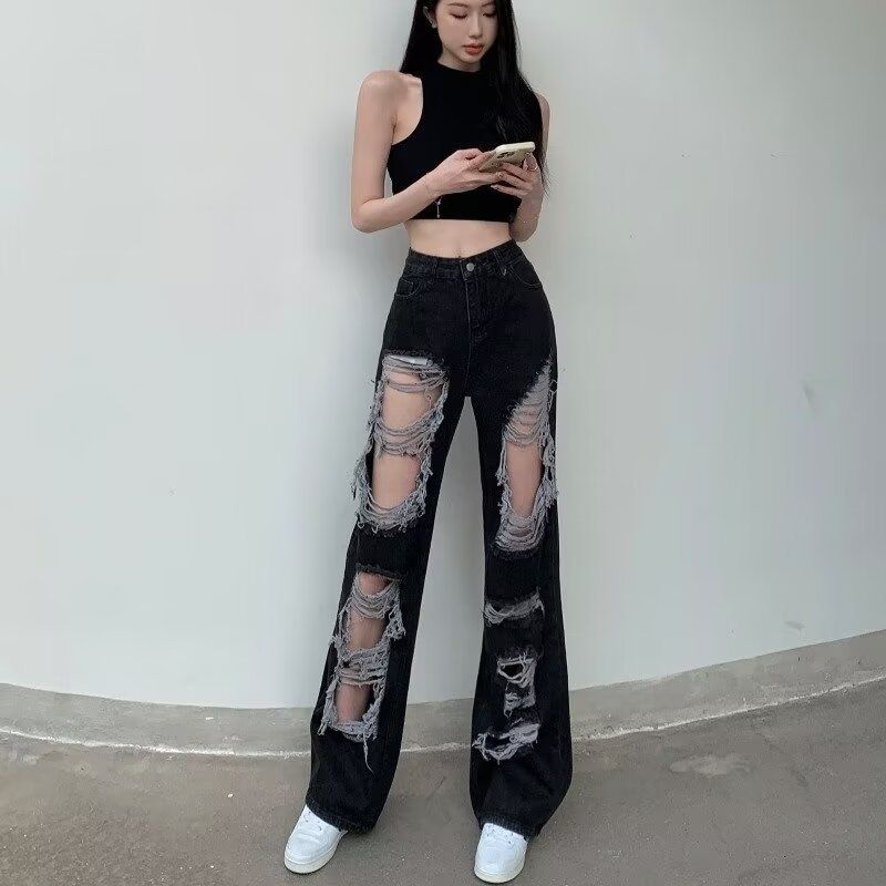 Hong Kong Style Distressed Jeans For Women Summer Straight Wide-Leg Floor-Length Loose Slimming Trendy Pants Ins_ecoleips.com