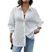Elegant Oversized Casual Shirt for Women Wrinkle-Free Polyester Long Sleeve White Loose Fit Polo Collar Blouse Office Wear_ecoleips.com