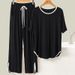 Women's Solid Color Pajamas Set Summer Thin Short Sleeve T-Shirt And Pants Sleepwear 2 Piece Set Casual Loose Soft Loungewear_ecoleips.com