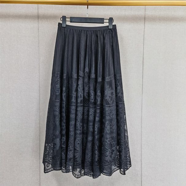 Verve 2025 Spring New Elegant Hollow Embroidered Lace Elastic Waist Slimming A-line Flared Skirt_ecoleips.com