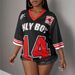 Retro Sports Jersey Women's V-Neck Short Sleeve T-Shirt - Oversized Letter Print Mesh Top (8 Color Options, Xs-6xl)_ecoleips.com