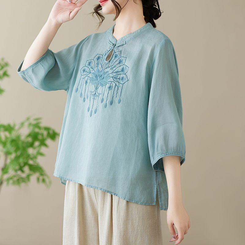 A Short-Sleeved Top With A Stand-Up Collar, Buttons, Embroidery, Cotton And Linen Mid-Sleeve Pullover, And A Versatile S_ecoleips.com