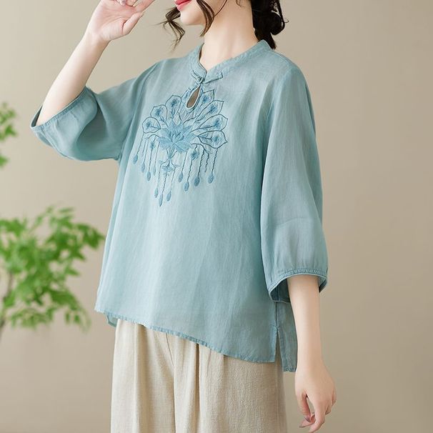 A Short-Sleeved Top With A Stand-Up Collar, Buttons, Embroidery, Cotton And Linen Mid-Sleeve Pullover, And A Versatile S_ecoleips.com