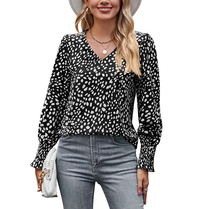 Women's Autumn Fashion: Loose-Fitting Printed Long-Sleeved V-Neck Chiffon Shirt_ecoleips.com