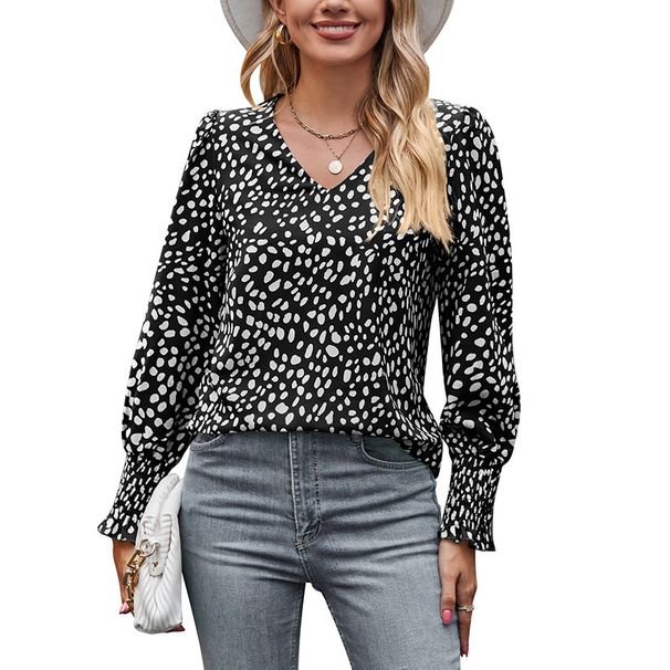 Women's Autumn Fashion: Loose-Fitting Printed Long-Sleeved V-Neck Chiffon Shirt_ecoleips.com