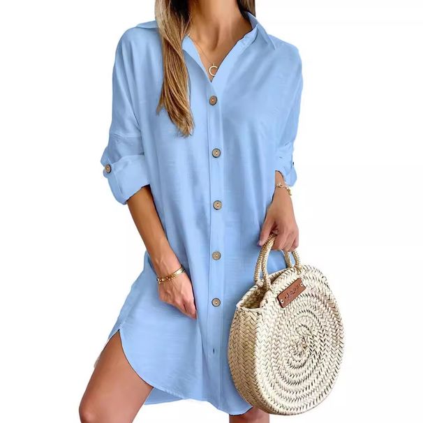 Solid Color Button Front Shirt Dress Casual Long Sleeve Lapel Dress For Spring & Fall Women's Clothing_ecoleips.com