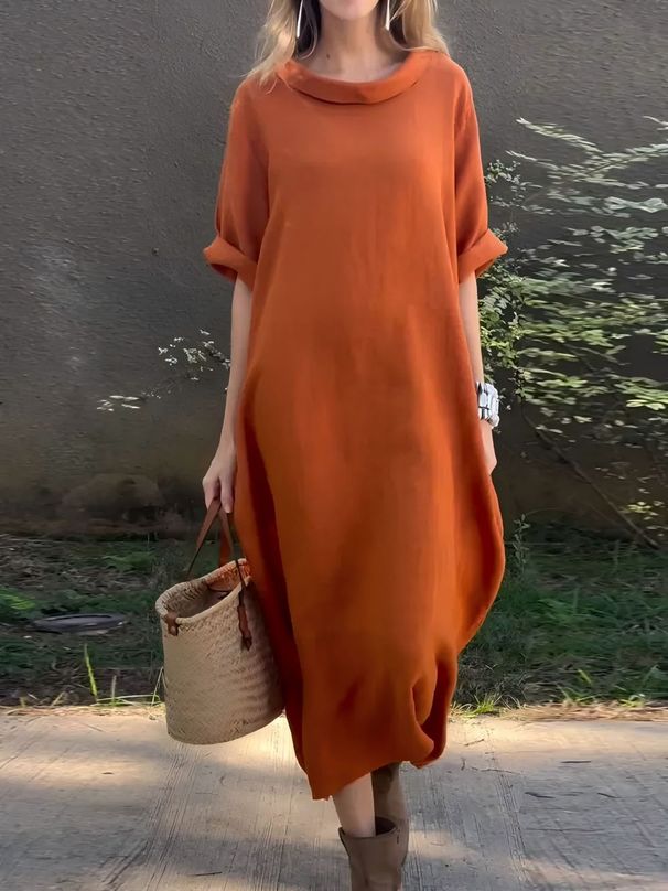 Women's Clothing Casual Loose Round Neck Mid Sleeve Long Skirt_ecoleips.com