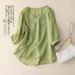 Purple Short-Sleeved Cotton Shirt Female Thin Fat Mm To Cover The Stomach Loose Large Size Plate Buckle Cotton Linen Blo_ecoleips.com