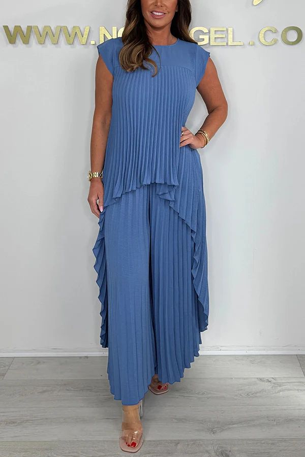 Leisure Suits Pleated Short Sleeved Irregular Long Tops Wide Leg Pants Two Piece Suit_ecoleips.com