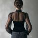 Mesh Patchwork Black Hollow Out Top Lantern Sleeve Lace Base Shirt_ecoleips.com