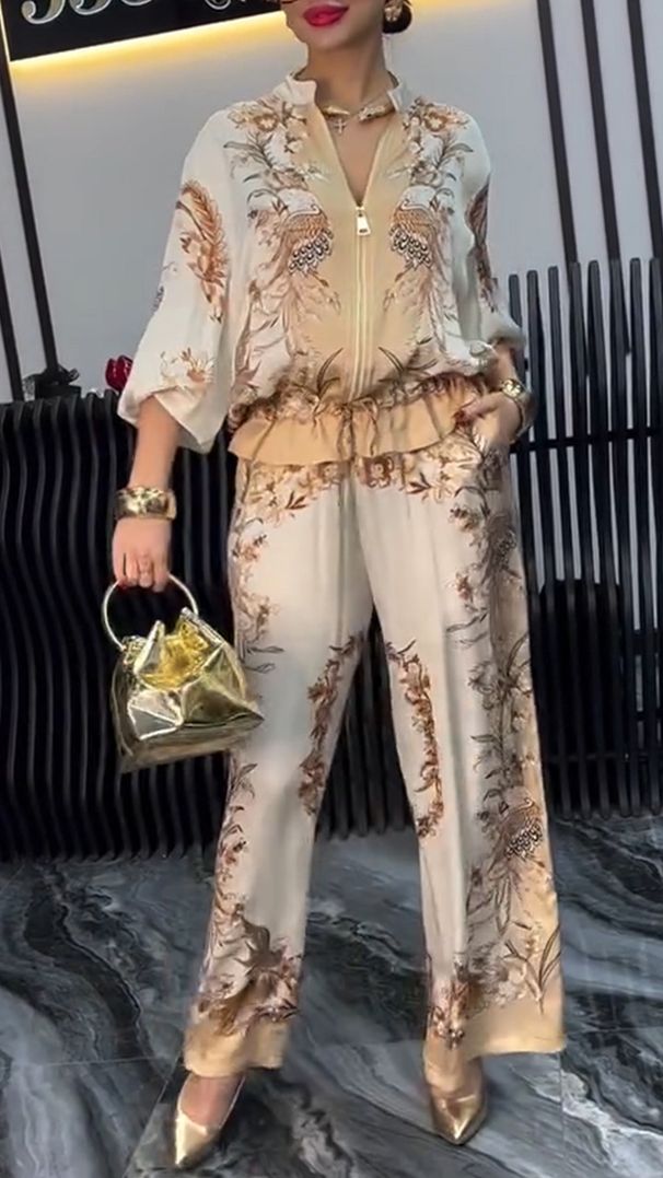 Women's 3D Printed Flower Pattern Fashion Set Zipper Drawstring Top & Pants European American Style Two-Piece Ensemble Spring/Autumn_ecoleips.com