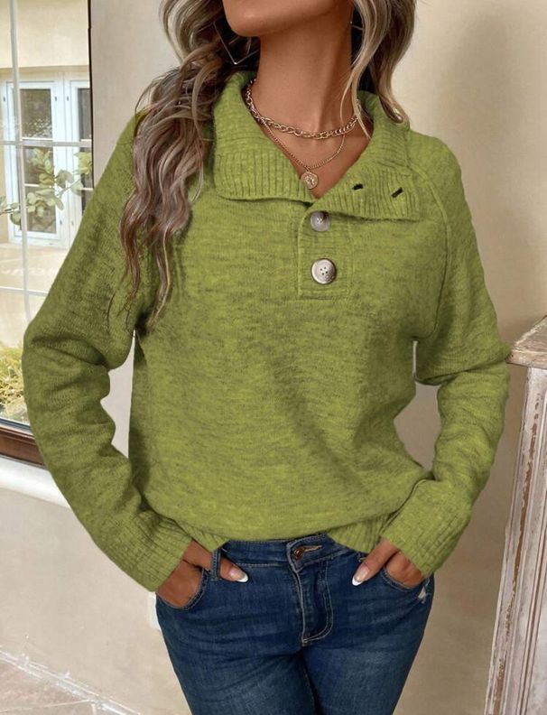 Casual Women's Grey Stand Up Collar Sweater With Button Details Autumn Style New_ecoleips.com