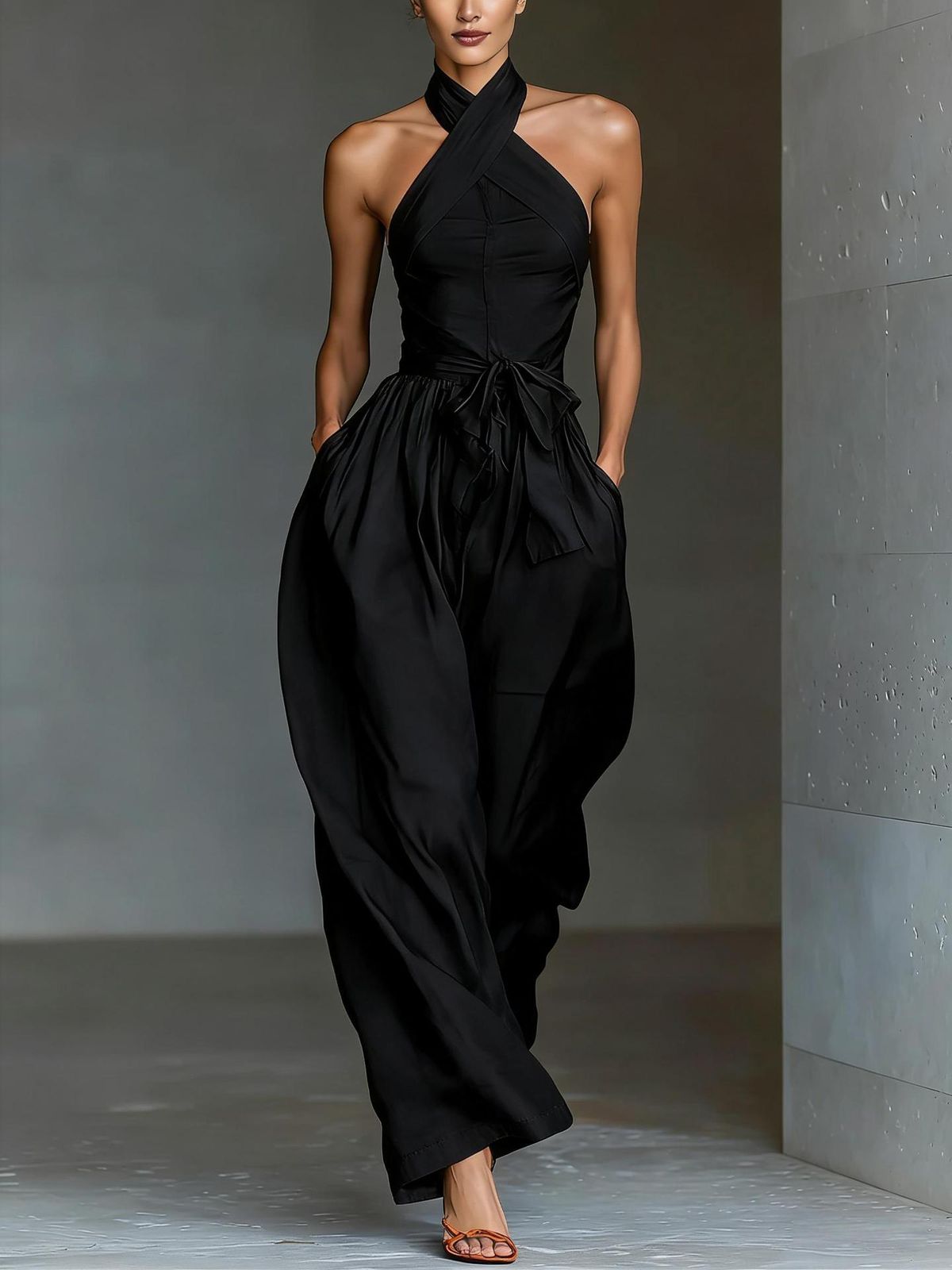 New Women's Elegant One-Shoulder Wide Leg Pants Bow Waist Design European American Style Jumpsuits Rompers_ecoleips.com