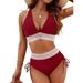 Women's European American Style Two-Piece Swimsuit Sexy Solid Color V-Neck High-Waisted Backless Tight-Fitting Bikini_ecoleips.com