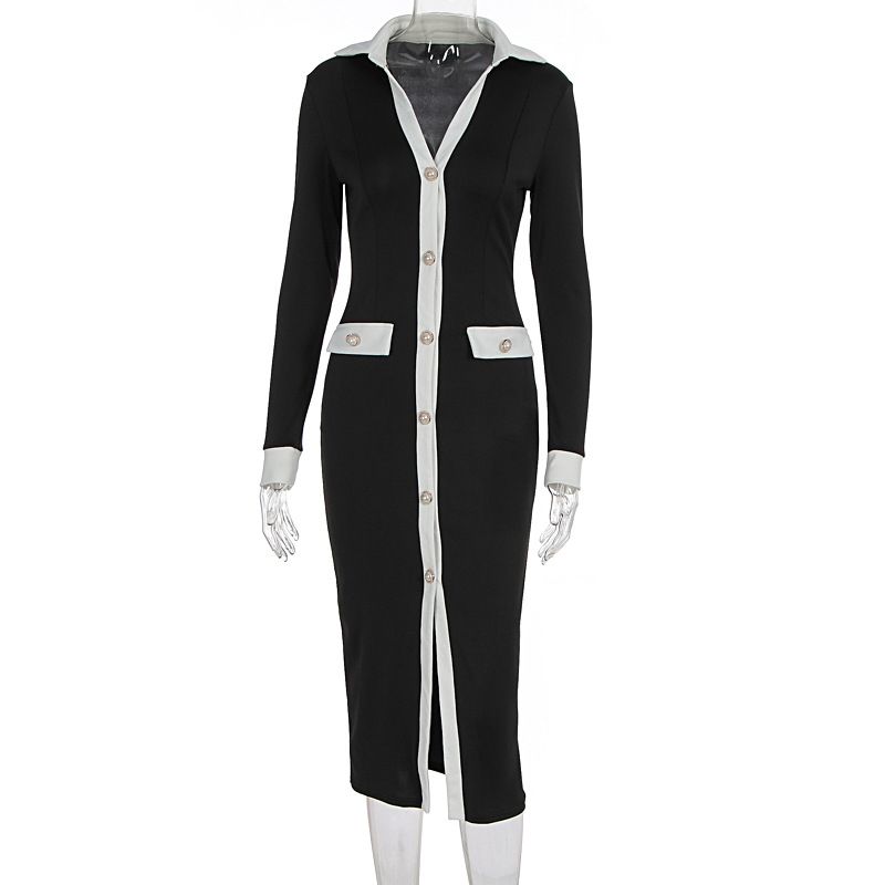 French Style Tweed Inspired Long Dress Elegant Open Front Cardigan Design Single Breasted Slim Waist Color Block Women Cocktail Party Dress_ecoleips.com