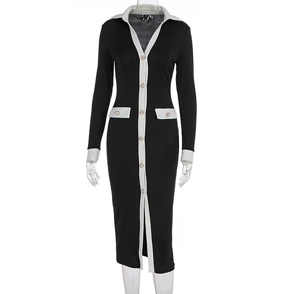 French Style Tweed Inspired Long Dress Elegant Open Front Cardigan Design Single Breasted Slim Waist Color Block Women Cocktail Party Dress_ecoleips.com