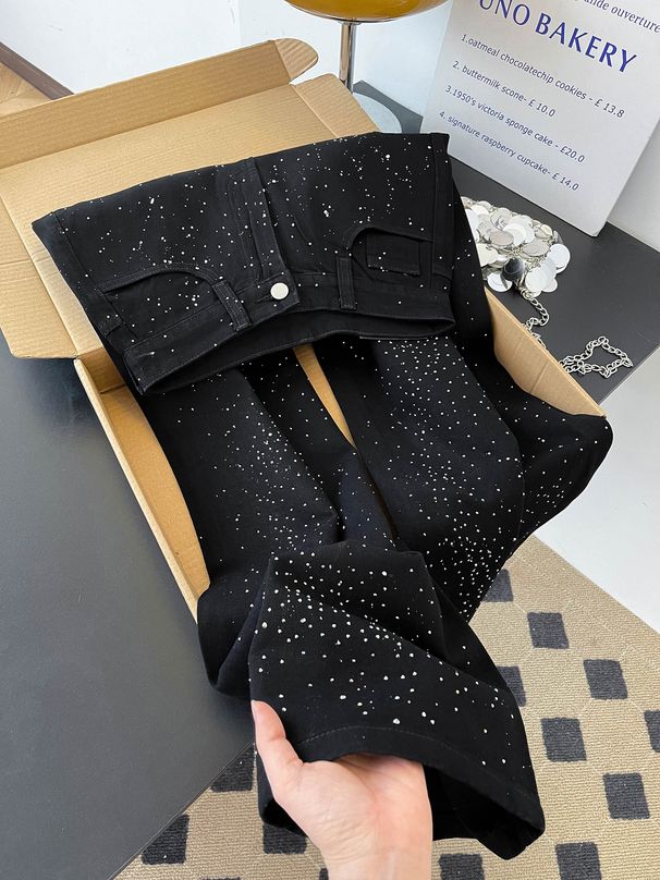 Disco Ball Wide-Leg Jeans For Women – Black High-Waisted Rhinestone Embellished Flared Pants With Distressed Detailing (S-3XL)_ecoleips.com
