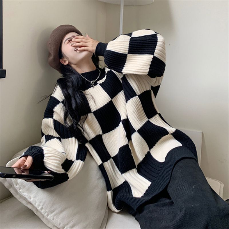 Winter/Summer Oversized Flat-Plaid Sweater With Retro Sophisticated Design Niche Top For Wholesale_ecoleips.com