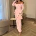 Elegant Off Shoulder Long Sleeve Skinny Dress Fashion Flower Dimensional Pink Wrap Hip Dress Lady Sexy Backless Solid Long Dress_ecoleips.com