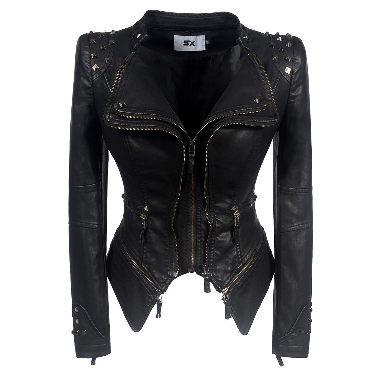 K Gothic Style Women's New European And American Style Shoulder Shrugs, Rivets, Slim Fit, Waist Cinched Motorcycle Leather Jacket_ecoleips.com
