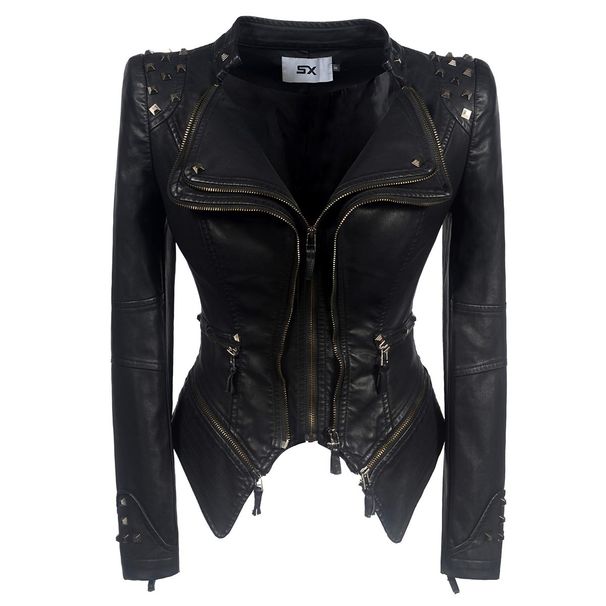 K Gothic Style Women's New European And American Style Shoulder Shrugs, Rivets, Slim Fit, Waist Cinched Motorcycle Leather Jacket_ecoleips.com