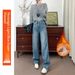 Women's Fleece-lined Wide-leg Jeans, Thickened Winter, Korean Style, High-waisted, Casual, Vintage Retro Blue, In Stock_ecoleips.com