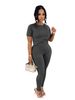TW880 Women's Summer Fashion Sporty Two Piece Set round Neck Short Sleeve Top with High Waist Elastic Solid Color Long Pants_ecoleips.com