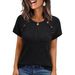 Women's Casual Short Sleeve Top With Ribbed Knit And Button Detail, Relaxed Fit Crewneck Shirt For Everyday Wear_ecoleips.com