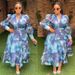 Plus Size Floral Maxi Dress – V-Neck & Lantern Sleeves (L-XXXL, Abstract Print, Polyester, Sweet & Elegant For Women)_ecoleips.com