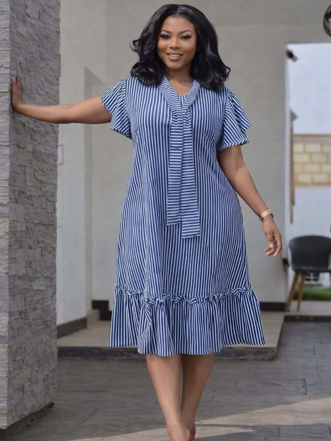 Women's Striped Dress Short-Sleeve Flowy A-Line with Belted Waist And Collar Sizes S to XXL_ecoleips.com