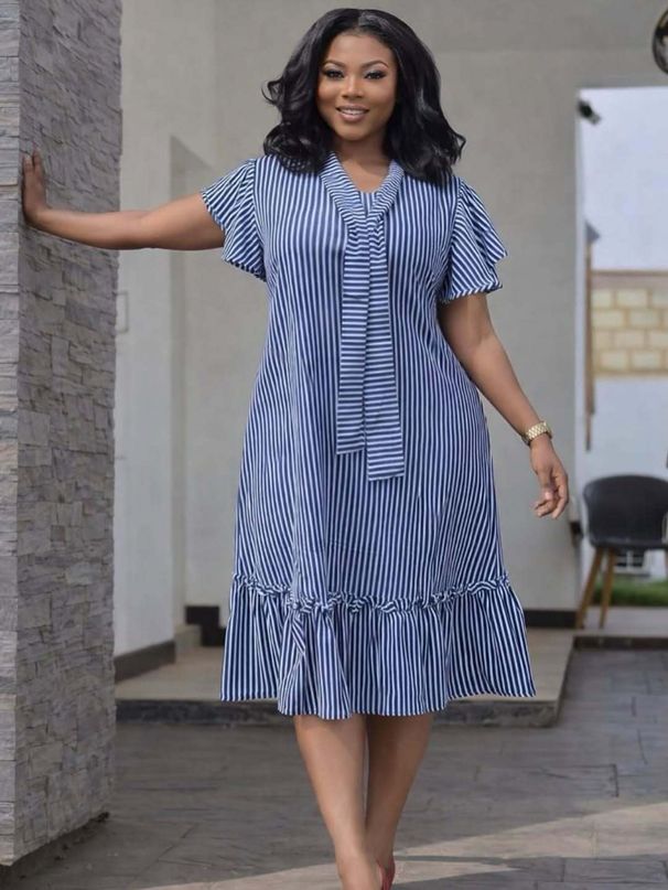 Women's Striped Dress Short-Sleeve Flowy A-Line with Belted Waist And Collar Sizes S to XXL_ecoleips.com