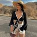 New Trending Sexy Mini Dress V Neck Lace Up Long Sleeve Cropped Top For Fashionable Hot Girls This Season_ecoleips.com