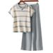 Women's Summer Color-Block Striped Polo Collar Top And Wide Leg Pants Two-Piece Set Casual Fashion Knitwear Short-Sleeved Loose Fit_ecoleips.com