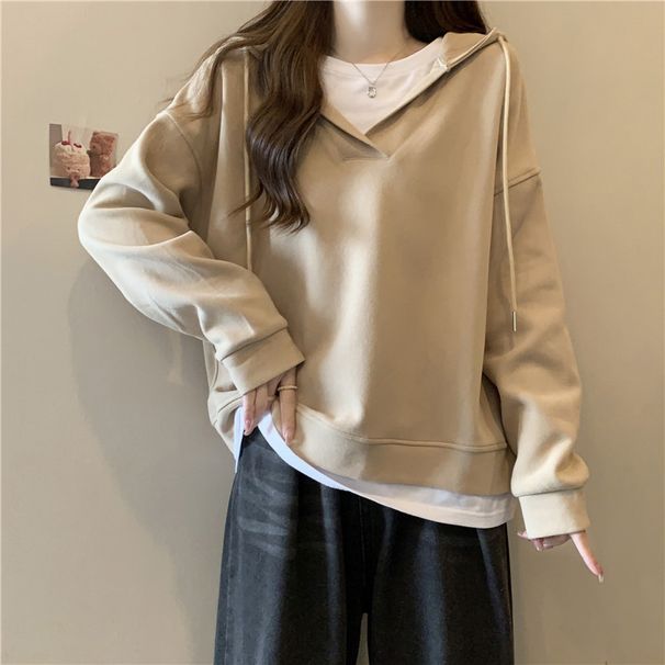 Foreign Trade Hooded Sweatshirt For Women, Spring And Autumn Thin Loose Slimming Patchwork Real Shot Two-Piece Top_ecoleips.com