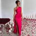 European And American Cross-border One-shoulder Pleated Dress, Summer Slim-fitting High-split Sexy Backless Satin Temperament Dress, Long Dress_ecoleips.com