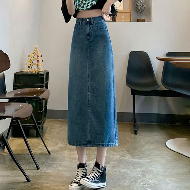 K Women's Mid Length Skirt With High Waist And Slimming A-line Skirt, New Denim Split Half Body Skirt_ecoleips.com