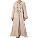 Elegant Gold-Embroidered Kaftan Dress – V-Neck Ribbon Detail Middle Eastern Muslim Abaya (Apricot, M-XL)_ecoleips.com