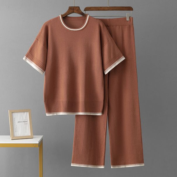 Summer Knit Two Piece Set for Women Simple Loose Short Sleeved Knit Top And Wide Leg Pants Cross Border Style_ecoleips.com