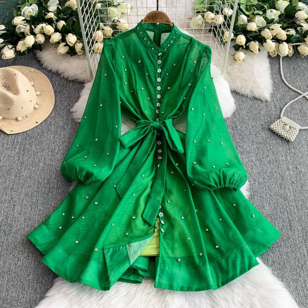 Elegant Retro Style Women's Dress Stand Up Collar Single Breasted Lantern Sleeve Slimming Waist Rhinestone Embellishments High End_ecoleips.com