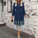 K Plus-size Women's Fashion Patchwork Denim Collarless Long-sleeved Fringed Midi Dress_ecoleips.com