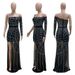 new sexy one-shoulder see-through rhinestone high slit dress nightclub party style_ecoleips.com