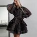 Women's Leopard Print Chiffon Long Sleeve Dress European American Street Style Lapel Puff Skirt Early Spring Cross Border Clothing_ecoleips.com