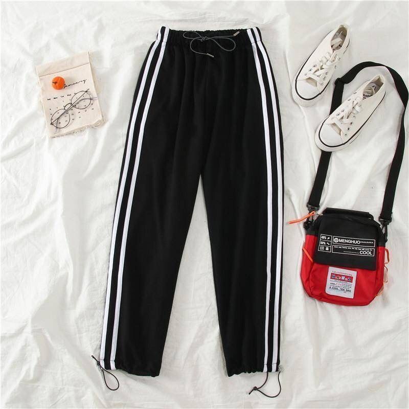 Korean Style Striped Jacket And Cropped Pants Set Trendy Spring Outfit for Women Black Pink S-2XL_ecoleips.com