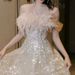 Women's Clothing Banquet Evening Dress One Shoulder Sexy Fur Collar Morning Gown Female Bride Engagement Dress_ecoleips.com
