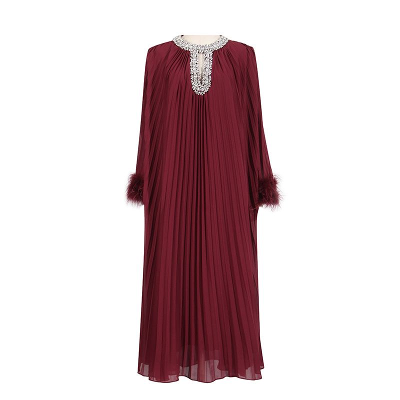 Women's Clothing Autumn And Winter New Round Neck Diamond Pleated Ostrich Feather Solid Color Dress_ecoleips.com