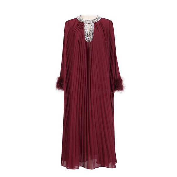 Women's Clothing Autumn And Winter New Round Neck Diamond Pleated Ostrich Feather Solid Color Dress_ecoleips.com