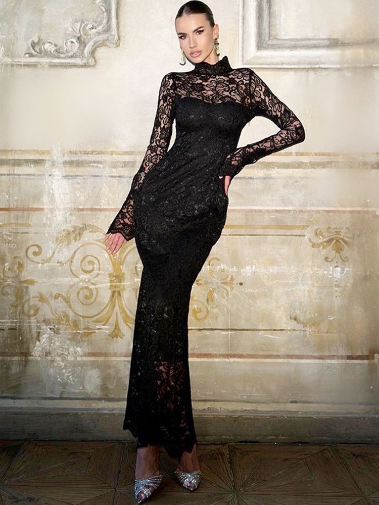Hugcitar Black Long Sleeve Zip Up Patchwork Mesh Sexy Bodycon Maxi Dress 2024 Spring Women Fashion Outfits Festival Night Club_ecoleips.com