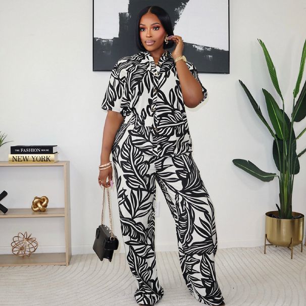 Women's Clothing Women's Printed Collared Trousers Set High Waisted Wide Leg Trousers Open Front Top Summer Fashion Elastic Short Sleeved_ecoleips.com